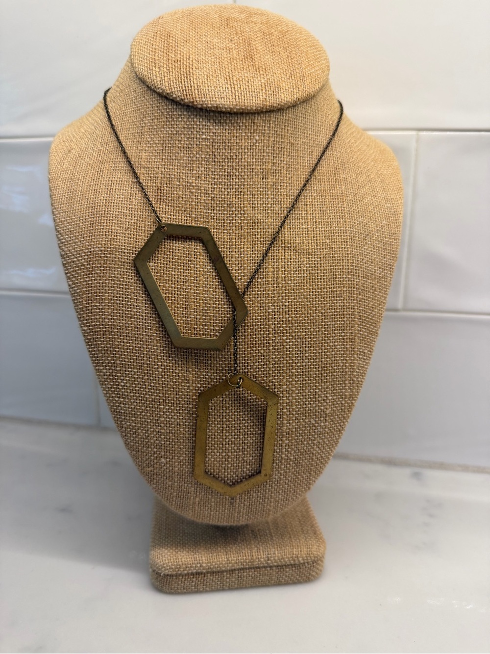 Hexagon Pendant Lariat Brass Necklace